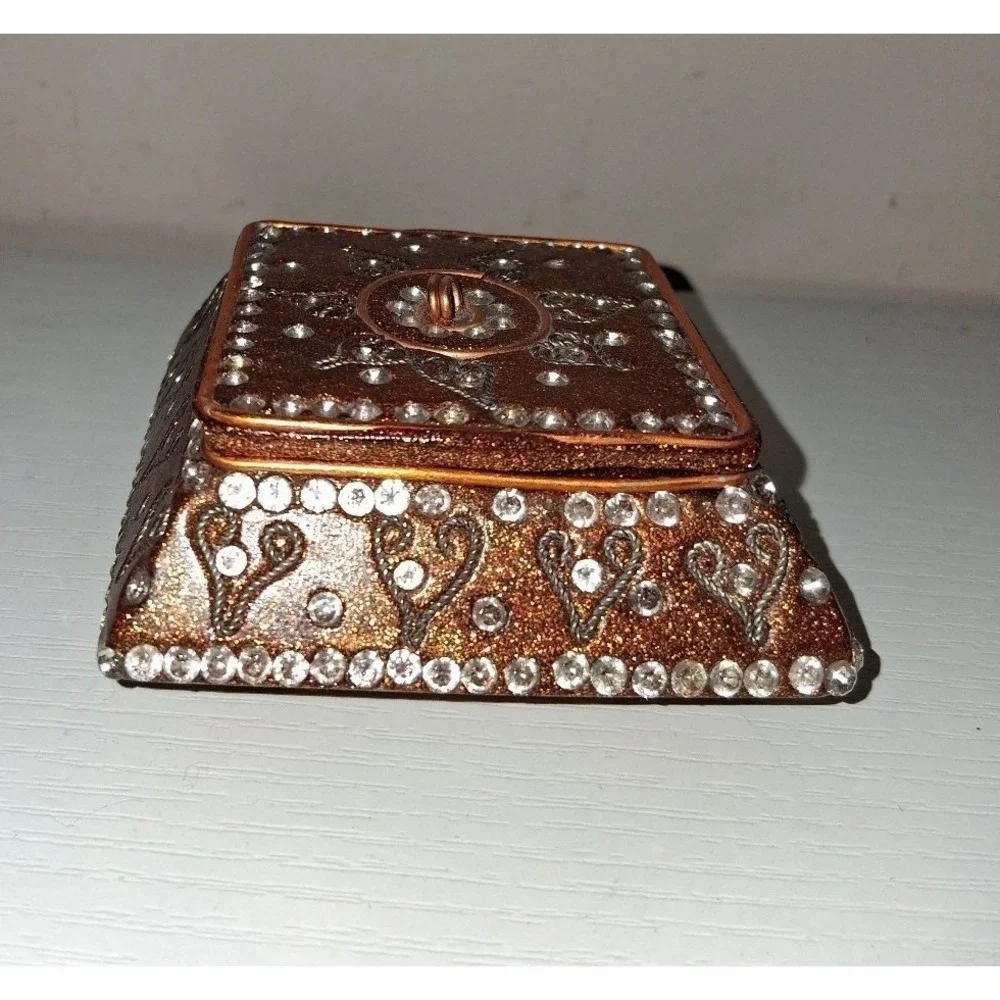 Decorative Bronze Glitter Trinket Box Jeweled Hinged Lid Boho Box 3